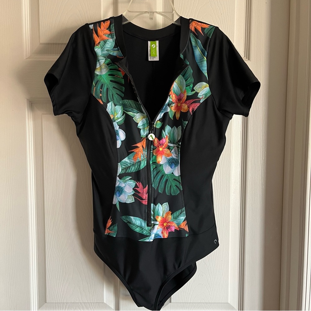 Upf 50 Tropical Blue Hawaii Zip Up Short Sleeve Swimsuit Next By Athena